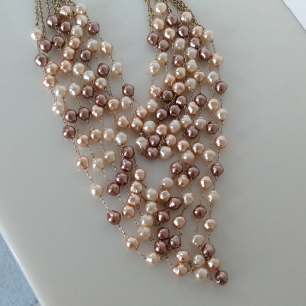 Pearl Chain Multi Strand Necklace Gold Tone Brown Ivory - Picture 11 of 11